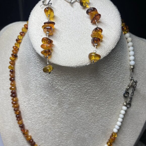 Amber Bead Necklace with Earrings, Sterling Silver 925, 18” Chain - Picture 10 of 11